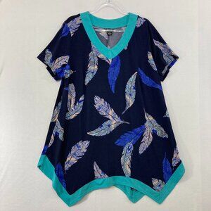 Evans Tunic size 20 Navy Feather Novelty Asymmetric Stretch Short Sleeve Casual‎
